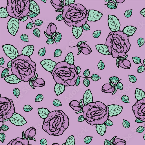 Fuchsia Roses and Buds with Green Leaves Scattered over a Pink Background creating a seamless pattern print background