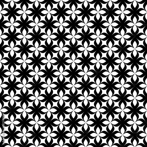 Seamless pattern with black and white four-petal leaf shapes. Suitable for various creative projects.