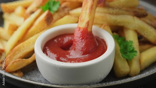 Dipping Homemade French fries in a ketchup. Homemade roasted in the Air fryer