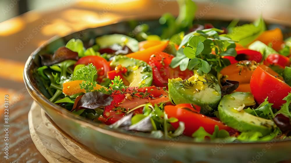 The lightness of avocado oil gently dressing a colorful summer salad. The lightness of avocado oil gently dressing a colorful summer salad.