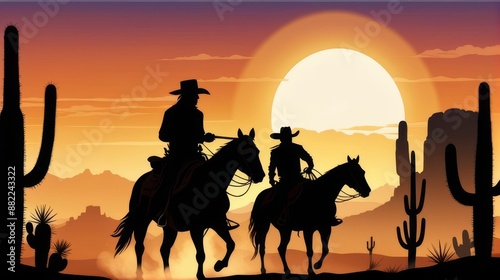 Two Cowboys Riding Through the Sunset in the Desert