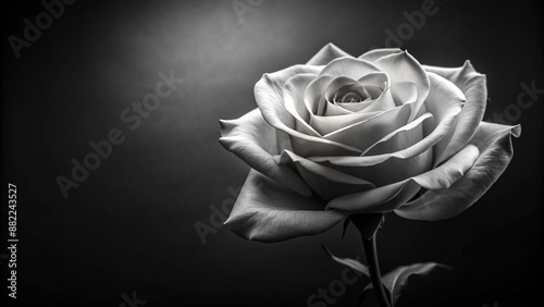 Classic elegant black and white rose bloom on a dark background with ample copy space, creating a timeless, sophisticated, and romantic visual atmosphere.
