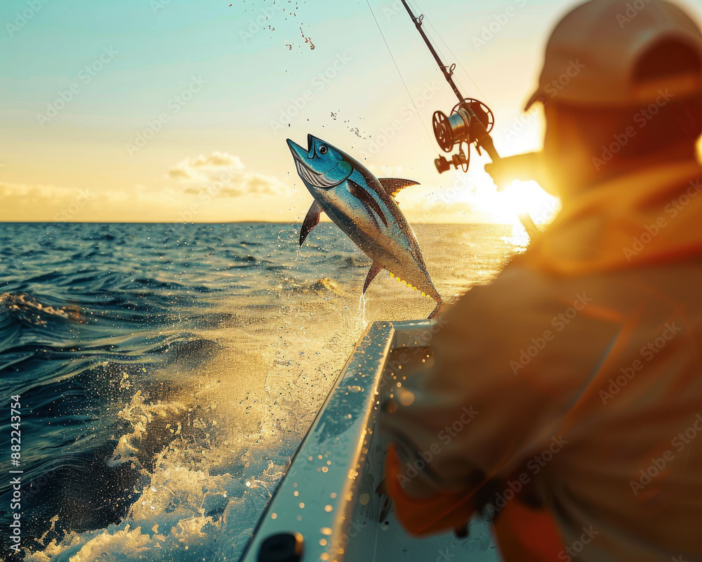 Point of view of a big fishing rod with a luxury reel and a big fish ...