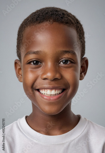 Portrait view of a regular happy smiling Mozambique boy, ultra realistic, candid, social media, avatar image, plain solid background