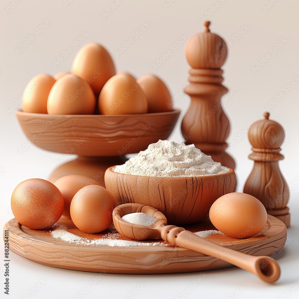 Flour, sugar, and eggs arranged neatly for baking. Single Object, 3d Blender on white background Flour, sugar, and eggs arranged neatly for baking. Single Object, 3d Blender on white background