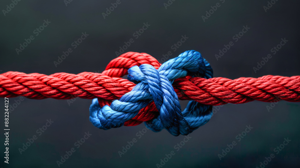 A close-up of a red and blue rope knotted together, symbolizing unity and strength A close-up of a red and blue rope knotted together, symbolizing unity and strength