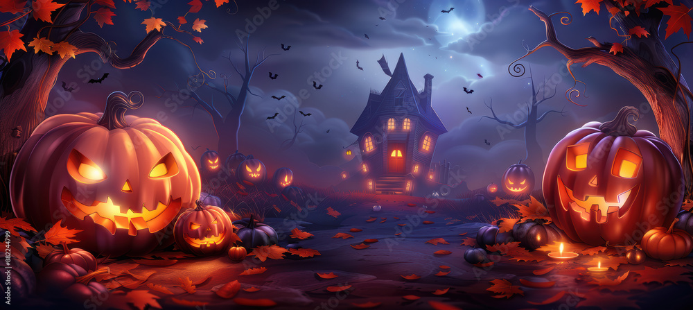 Cartoon Halloween Scene with Pumpkins Cartoon Halloween Scene with Pumpkins