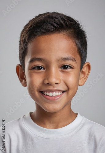 Portrait view of a regular happy smiling Indonesia boy, ultra realistic, candid, social media, avatar image, plain solid background