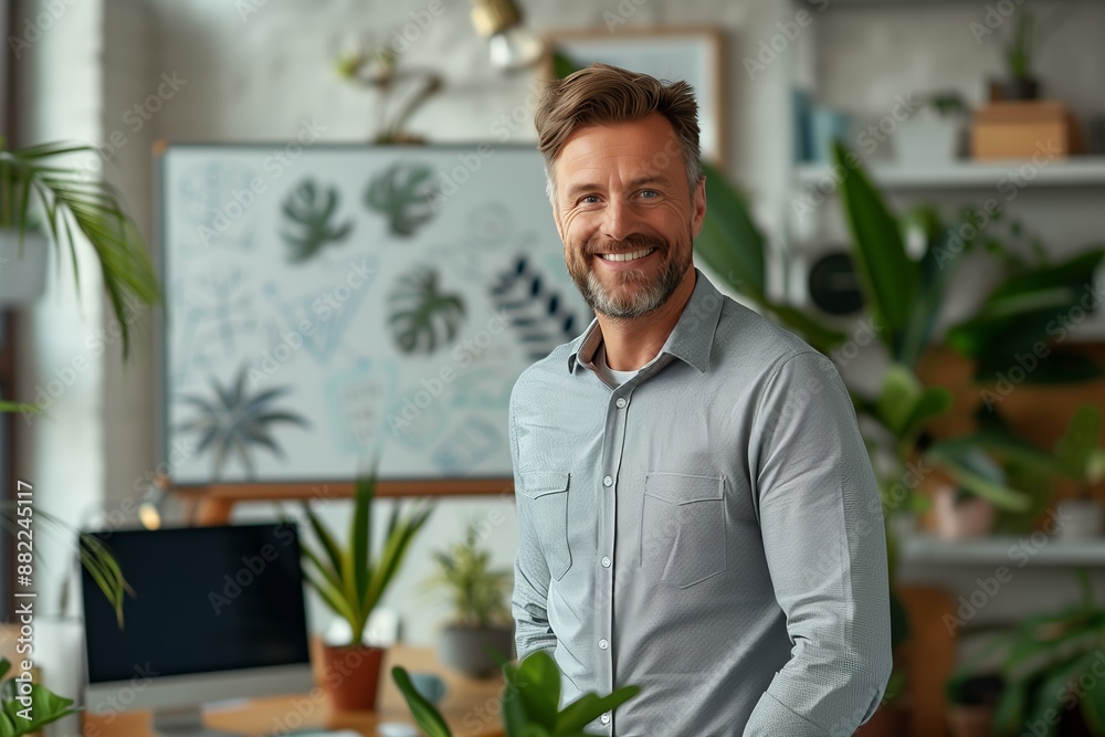 A smiling businessman stands confidently in a contemporary office environment. A smiling businessman stands confidently in a contemporary office environment.