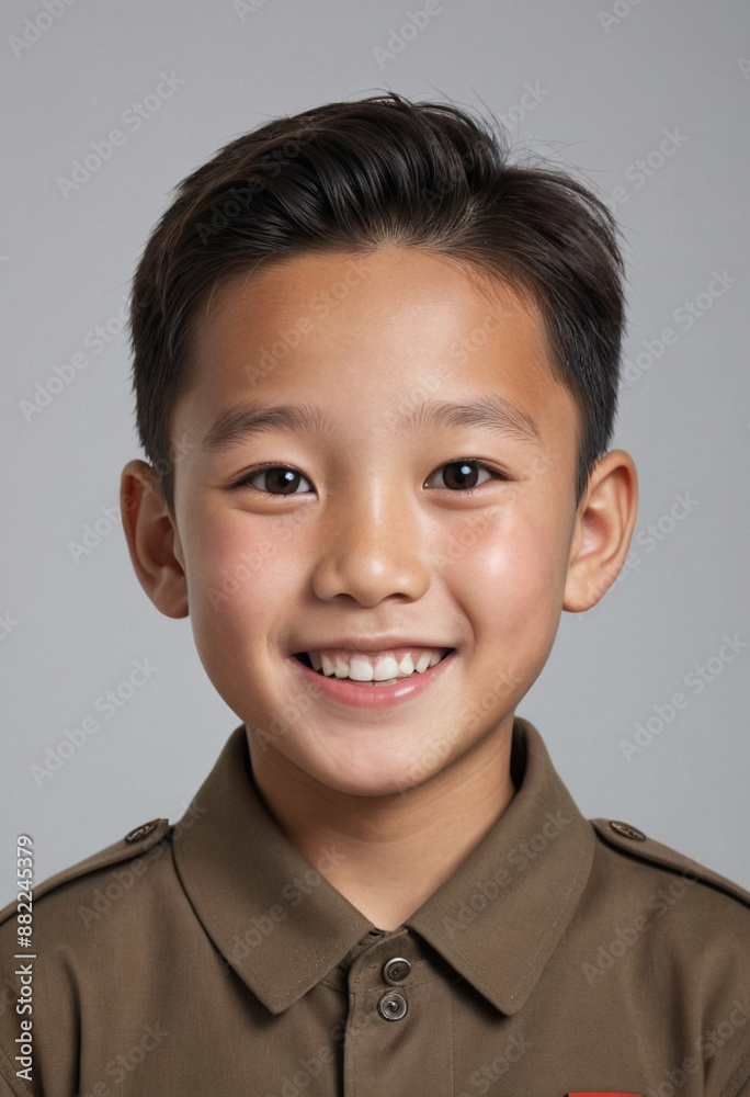 Portrait view of a regular happy smiling North Korea boy, ultra realistic, candid, social media, avatar image, plain solid background Portrait view of a regular happy smiling North Korea boy, ultra realistic, candid, social media, avatar image, plain solid background
