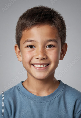 Portrait view of a regular happy smiling Kyrgyzstan boy, ultra realistic, candid, social media, avatar image, plain solid background
