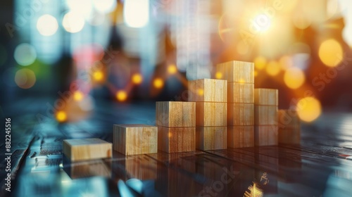 Wooden blocks arranged in a staircase pattern with a blurred city background and bokeh lights, representing growth and progress.