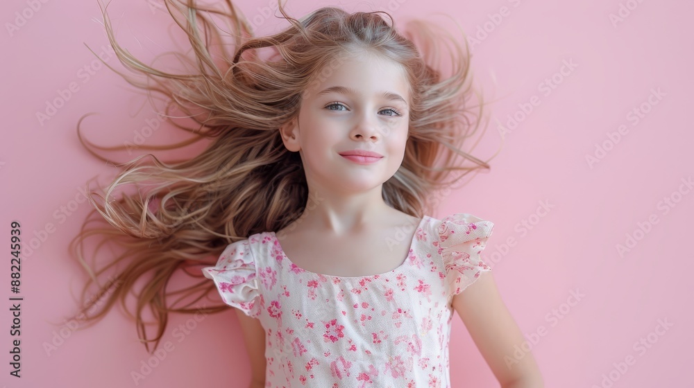 A tight shot of a child's face, hair blowing in wind, against a pink backdrop wall A tight shot of a child's face, hair blowing in wind, against a pink backdrop wall