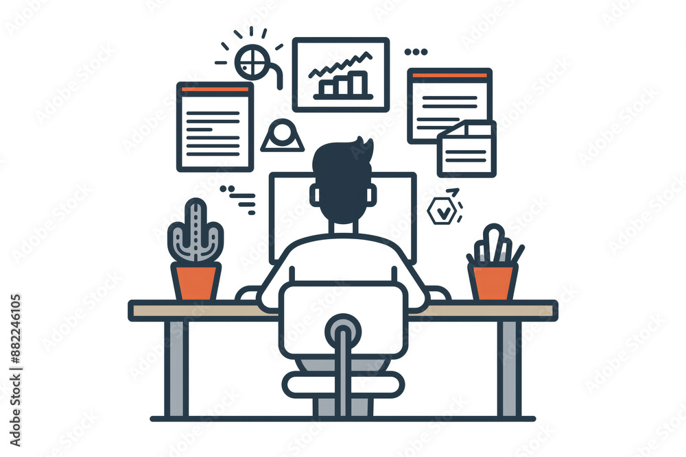 Line art vector illustration of a man working at the office desk Line art vector illustration of a man working at the office desk