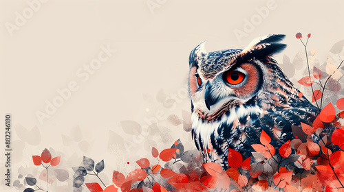 Regal Eagle Owl in Autumn - Abstract Art & Red Leaves on Creamy Background Wallpaper  photo