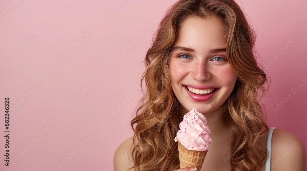 A woman happily smiles at the camera while holding an ice cream cone with pink frosting atop it A woman happily smiles at the camera while holding an ice cream cone with pink frosting atop it