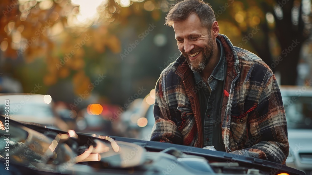 A man beams, examining the hood of a car against a backdrop of parked vehicles A man beams, examining the hood of a car against a backdrop of parked vehicles