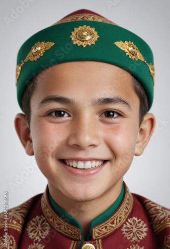 Portrait view of a regular happy smiling Turkmenistan boy, ultra realistic, candid, social media, avatar image, plain solid background