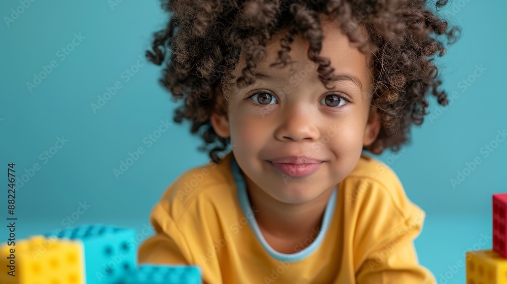 A young boy, sporting curly hair, grins as he sits before a mound of A young boy, sporting curly hair, grins as he sits before a mound of