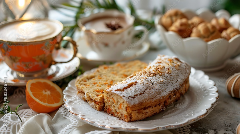carrot cake bread cookies and a hot coffee on fancy table carrot cake bread cookies and a hot coffee on fancy table
