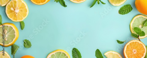 Citrus slices with mint, summer refreshment concept panorama. Generative AI. © annamaria