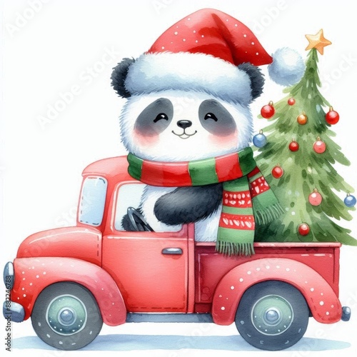 Cute panda in a Santa hat driving a red truck with a Christmas tree.