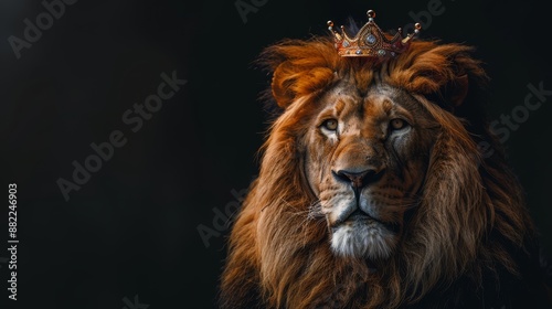  A tight shot of a lion donning a regal crown against a backdrop of absolute blackness