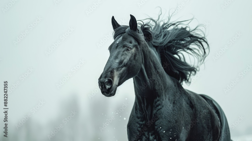 A black horse gallops through snow, mane and tail billowing in wind on a frigid, foggy day A black horse gallops through snow, mane and tail billowing in wind on a frigid, foggy day