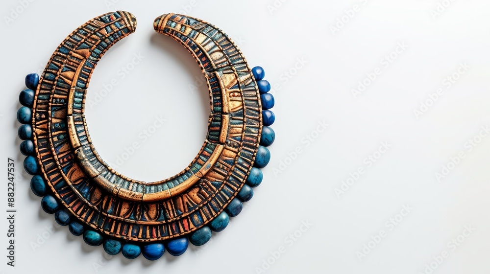 Close-up of blue bead necklace with gold clasp on white surface against white background Close-up of blue bead necklace with gold clasp on white surface against white background