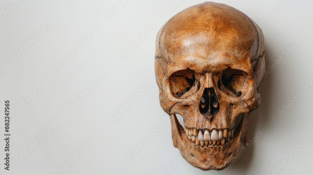 A detailed view of a human skull exhibiting a missing right jawbone A detailed view of a human skull exhibiting a missing right jawbone