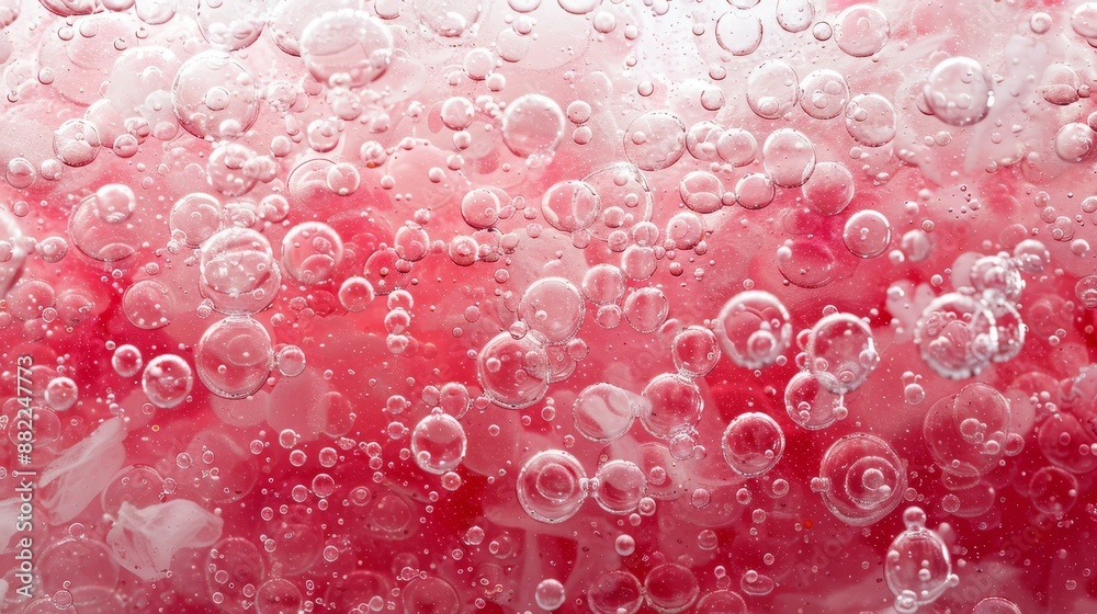 Close-up of red and white water bubbles against a background split between red and white, with a red and white vertical stripe in bottom right Close-up of red and white water bubbles against a background split between red and white, with a red and white vertical stripe in bottom right