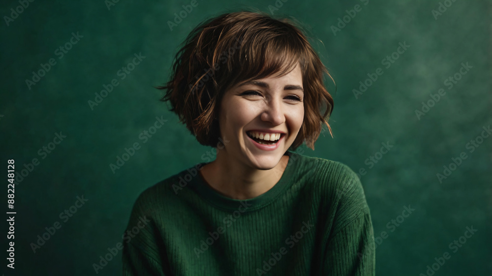 Beautiful young girl with short hair smiles on green background