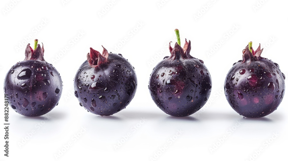 A tight shot of a cluster of fruits, each with water droplets atop and bottom, against a pristine white backdrop A tight shot of a cluster of fruits, each with water droplets atop and bottom, against a pristine white backdrop