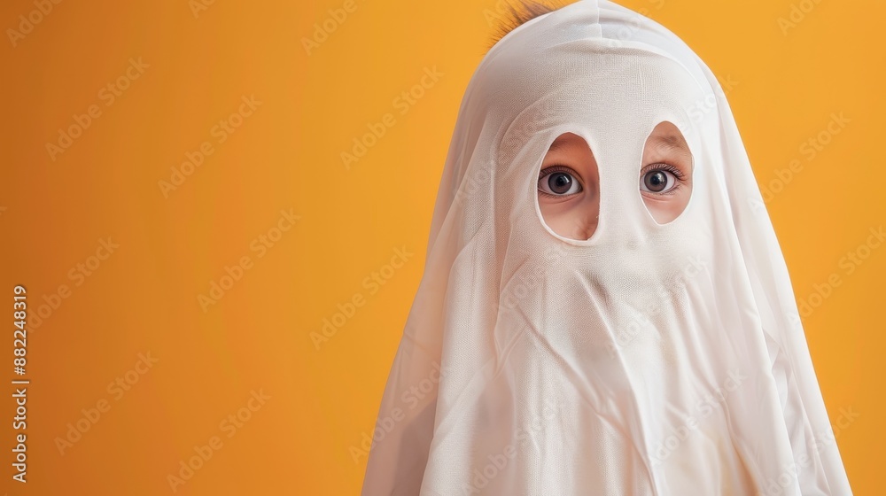 A closeup photography shot of a cute child in a Halloween ghost costume, set against an orange background with high saturation colors. A closeup photography shot of a cute child in a Halloween ghost costume, set against an orange background with high saturation colors.