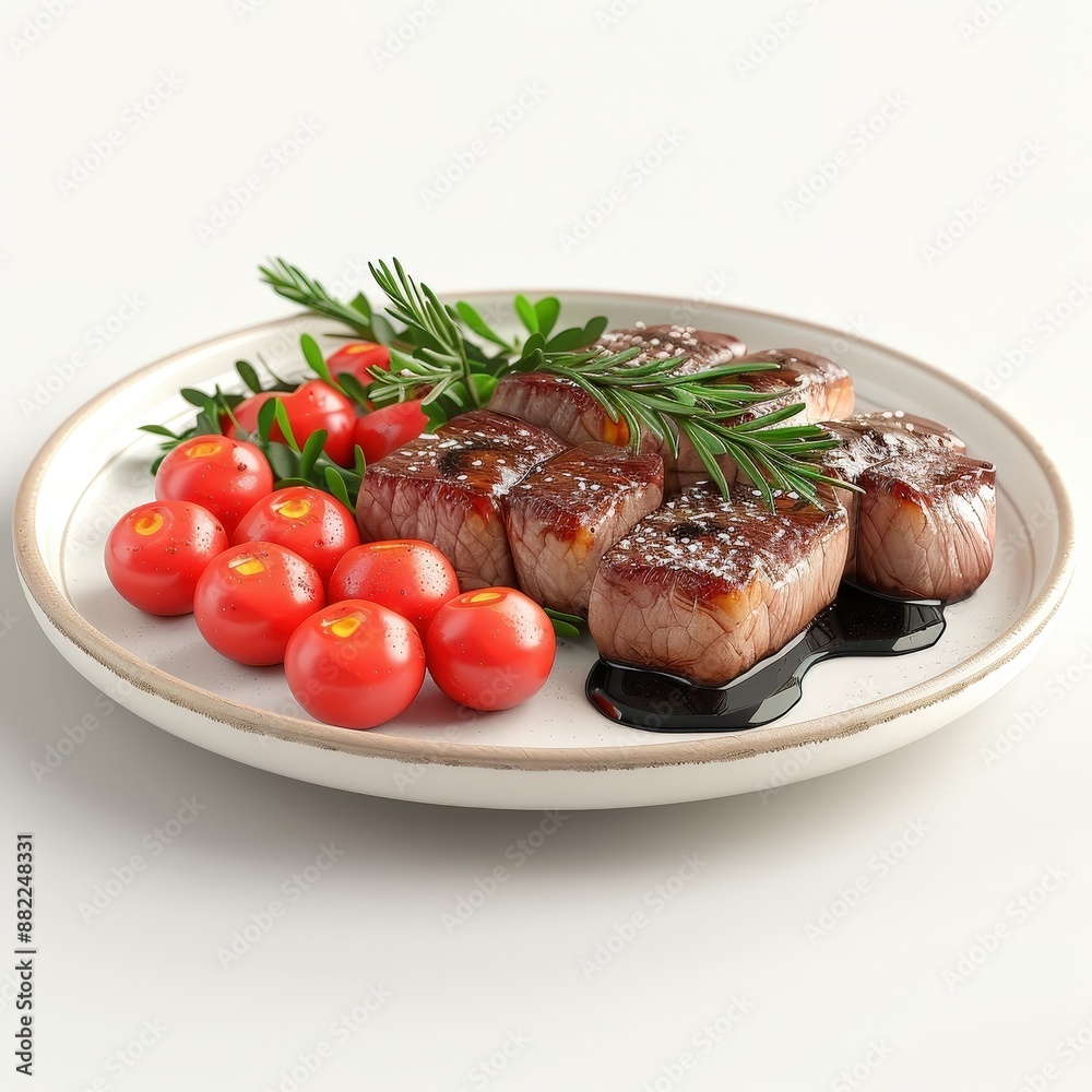 Roasted venison, elegantly plated with juniper berries and red wine reduction. Single Object, 3d Blender on white background Roasted venison, elegantly plated with juniper berries and red wine reduction. Single Object, 3d Blender on white background