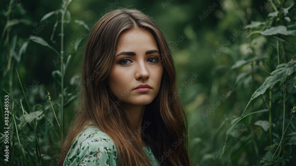 Beautiful young girl with long hair on green natural background Beautiful young girl with long hair on green natural background