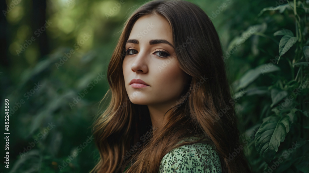 Naklejka premium Beautiful young girl with long hair on green natural background
