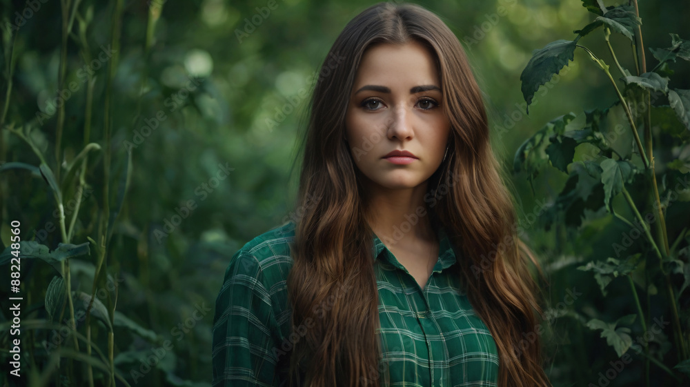 Beautiful young girl with long hair on green natural background Beautiful young girl with long hair on green natural background