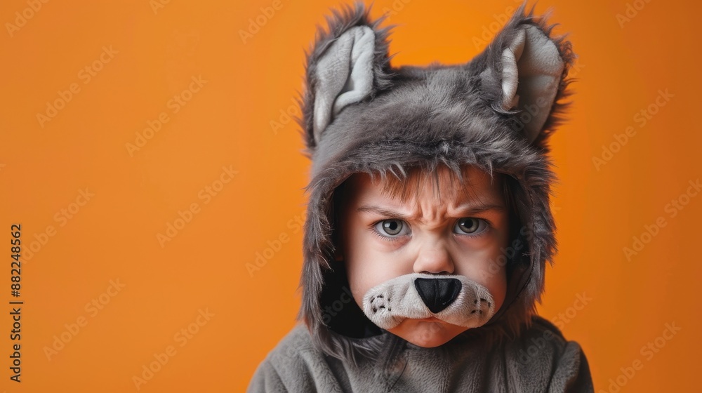 A high-saturation, closeup photo of a child in an adorable Halloween werewolf costume. The orange background and clean composition highlight the simplicity and leave plenty of empty space for copy.