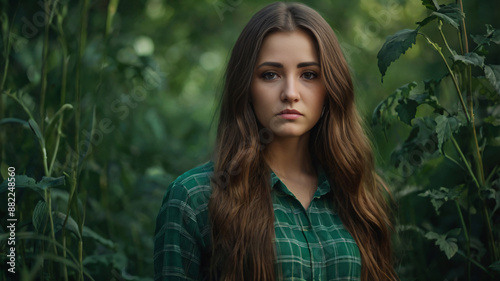 Beautiful young girl with long hair on green natural background © Александр Ковалёв