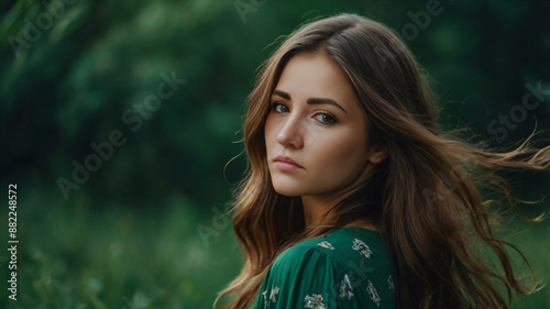 Beautiful young girl with long hair on green natural background