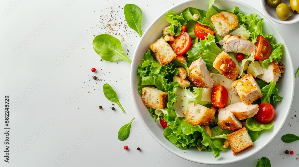 chicken, tomatoes, lettuce, olives on a white surface chicken, tomatoes, lettuce, olives on a white surface