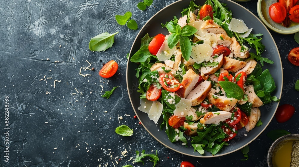 chickен, tomatoes, lettuce, Parmesan cheese on a plate (Corrected spelling of chicken and added an apostrophe to chickен, tomatoes, lettuce, Parmesan cheese on a plate (Corrected spelling of chicken and added an apostrophe to