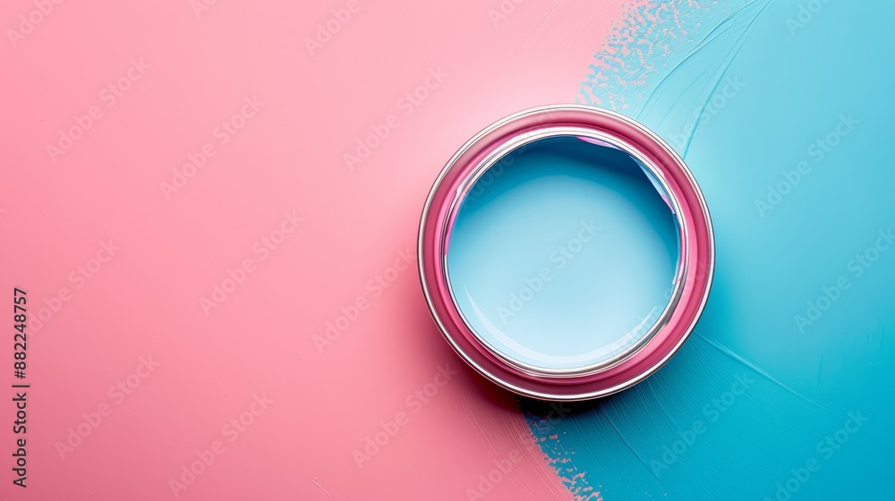 A can of paint sits atop a multi-hued backdrop, featuring blue and pink tones; a pink speck adorns the can's center A can of paint sits atop a multi-hued backdrop, featuring blue and pink tones; a pink speck adorns the can's center