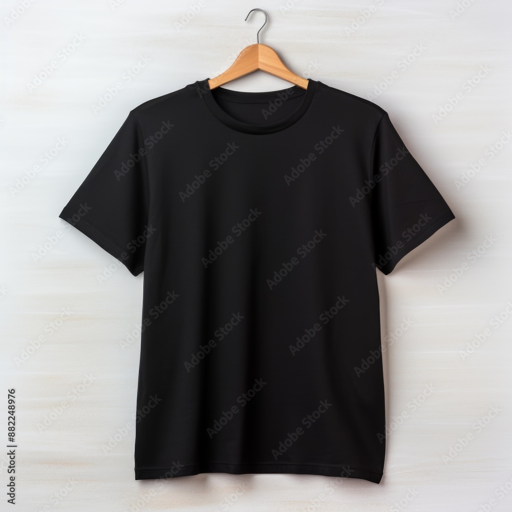 an empty black t-shirt is hanging on a hanger on a white background , Wood an empty black t-shirt is hanging on a hanger on a white background , Wood