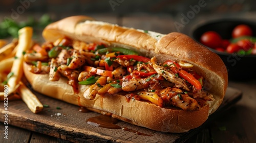  A tight shot of a hot dog on a weathered cutting board, surrounded by golden fries In the backdrop, a red bowl brimming with succulent tomatoes