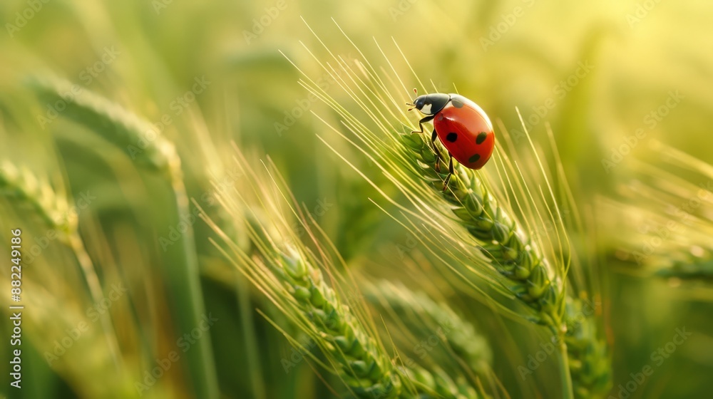 A ladybug perches atop a verdant plant amidst a expanses of tall green grass in the field A ladybug perches atop a verdant plant amidst a expanses of tall green grass in the field