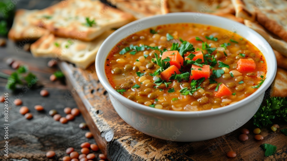 A bowl of soup with carrots, parsley, and crackers on a cutting board nearby A bowl of soup with carrots, parsley, and crackers on a cutting board nearby