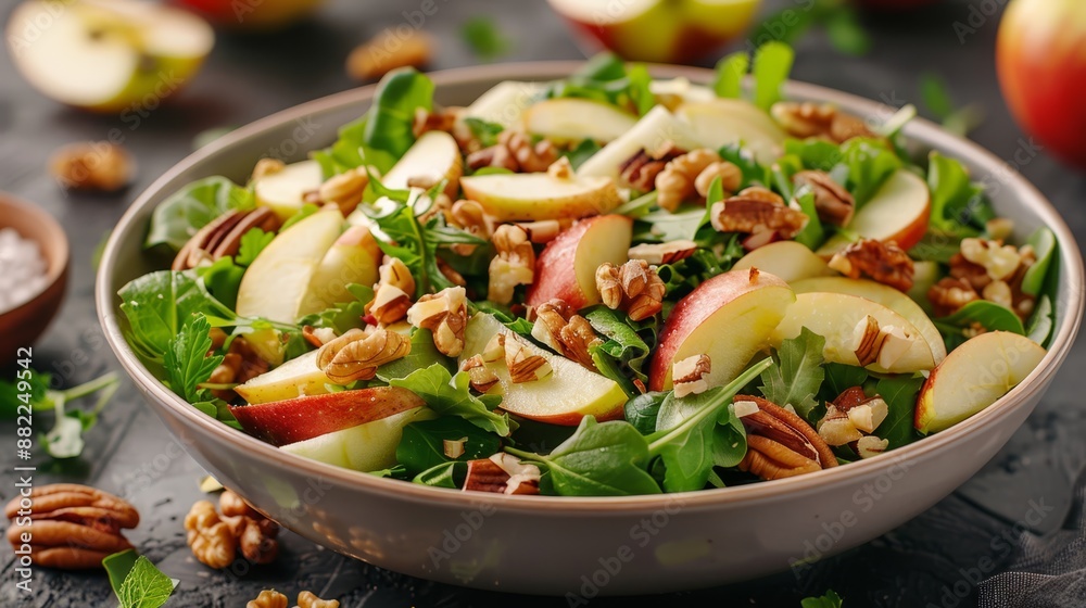 A salad with apples, walnuts, and spinach in a bowl Nearby, another bowl holds pecans A salad with apples, walnuts, and spinach in a bowl Nearby, another bowl holds pecans