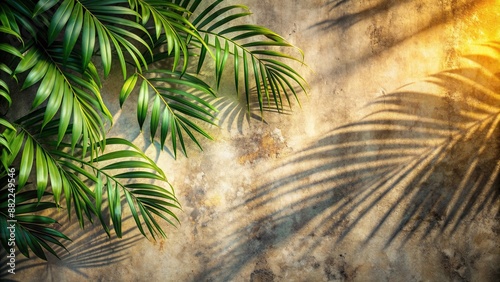 Summer tropical nature backdrop with warm sunlight casting a delicate shadow of leaves on a worn, grunge concrete wall, showcasing a beautiful blurred natural design. photo